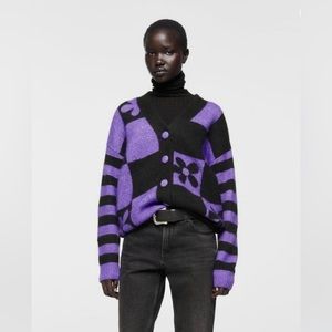 ZARA Purple/Black Knit Jacquard V-neckline Cardigan. Size M.
